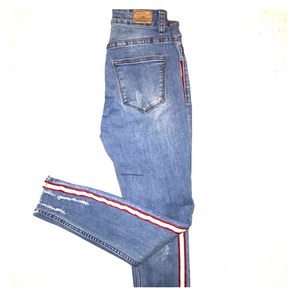 Distressed Jean Red and White Side Stripe